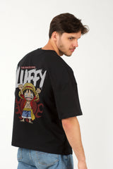Chibi Art Luffy Design Graphic Printed Oversized Drop Shoulder Sleeves T shirt