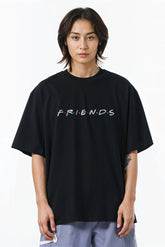 Friends Design Graphic Printed Oversized Drop Shoulder Sleeves T-shirt