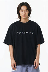 Friends Design Graphic Printed Oversized Drop Shoulder Sleeves T-shirt