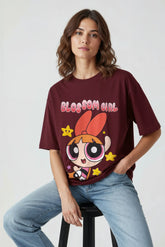 Power Puff Blossom Girl Design Burgundy Oversized Tshirt