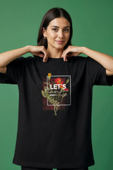 Lets Run Away Floral Design Graphic Printed Oversized Drop Shoulder Sleeves Tshirt