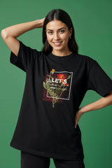 Lets Run Away Floral Design Graphic Printed Oversized Drop Shoulder Sleeves Tshirt