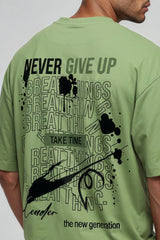 Bodic Men's Never Give Up Greetings Big Graphic Printed Oversized Drop Shoulder Sleeves T-shirt