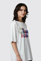 White Oversized T shirt with Bare Bear Design Graphic Printed Oversized Drop Shoulder Sleeves T shirt