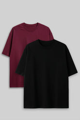 Bodic Solid Black& Burgundy Oversized Drop Shoulder Sleeves T-shirt
