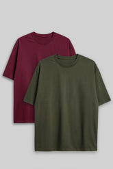 Bodic Solid Oliv Green & Burgundy Oversized Drop Shoulder Sleeves T-shirt