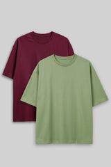 Bodic Solid Burgundy & Pista Green Oversized Drop Shoulder Sleeves T-shirt