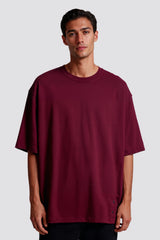 Bodic Solid Burgundy & Pista Green Oversized Drop Shoulder Sleeves T-shirt
