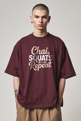 Bodic Mes's Chai Squats Repeat Graphic Printed Oversized Drop Shoulder Sleeves T shirt
