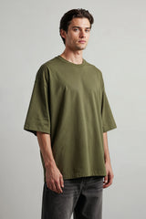 Bodic Solid Oliv Green & Pista Green Oversized Drop Shoulder Sleeves T-shirt