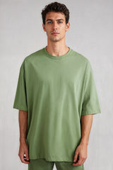Bodic Solid White & Pista Green Oversized Drop Shoulder Sleeves T-shirt