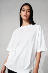 Bodic Solid White & Pista Green Oversized Drop Shoulder Sleeves T-shirt