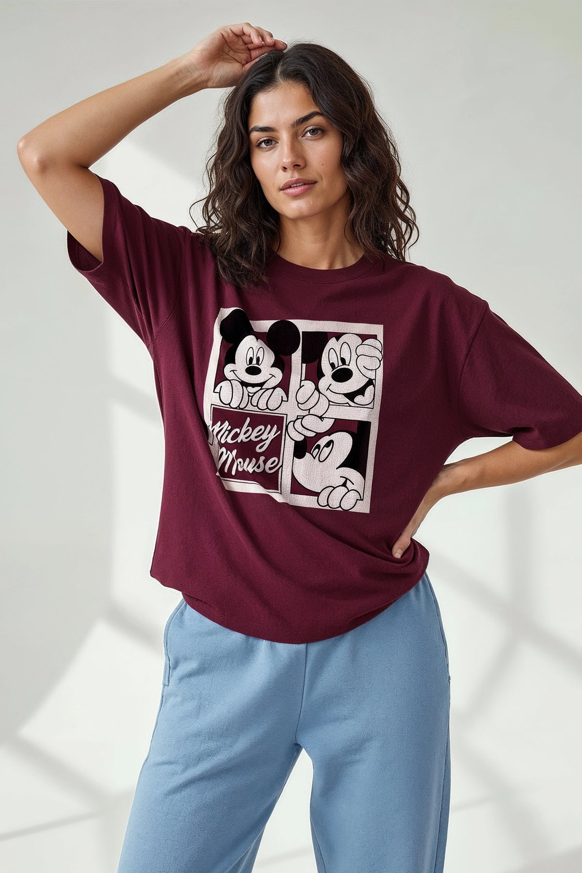 Micky Mouse Comic Design Graphic Printed Oversized Drop Shoulder Sleeves T-shirt
