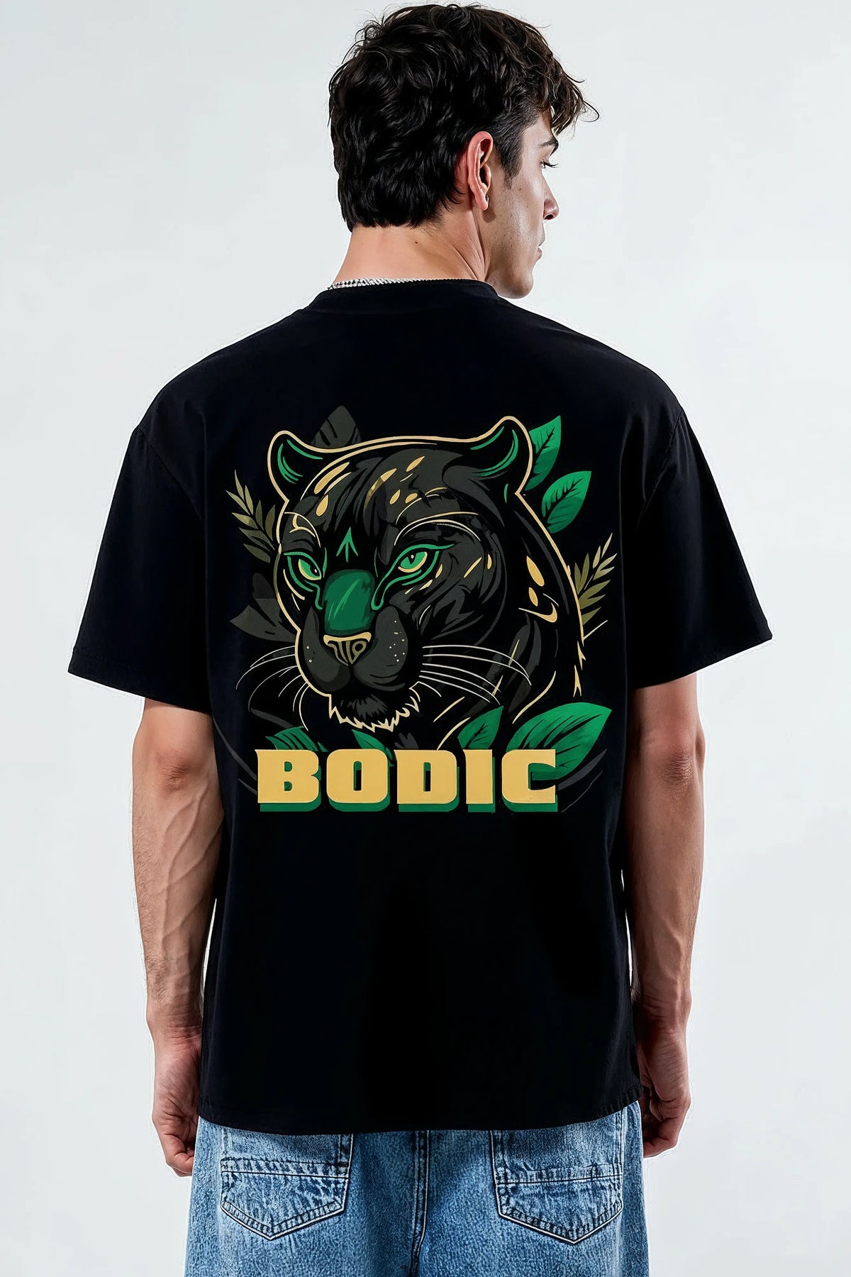 Bodic Men's iconic Bodic Panther Design in Graphic Printed Oversized Drop Shoulder Sleeves T shirt