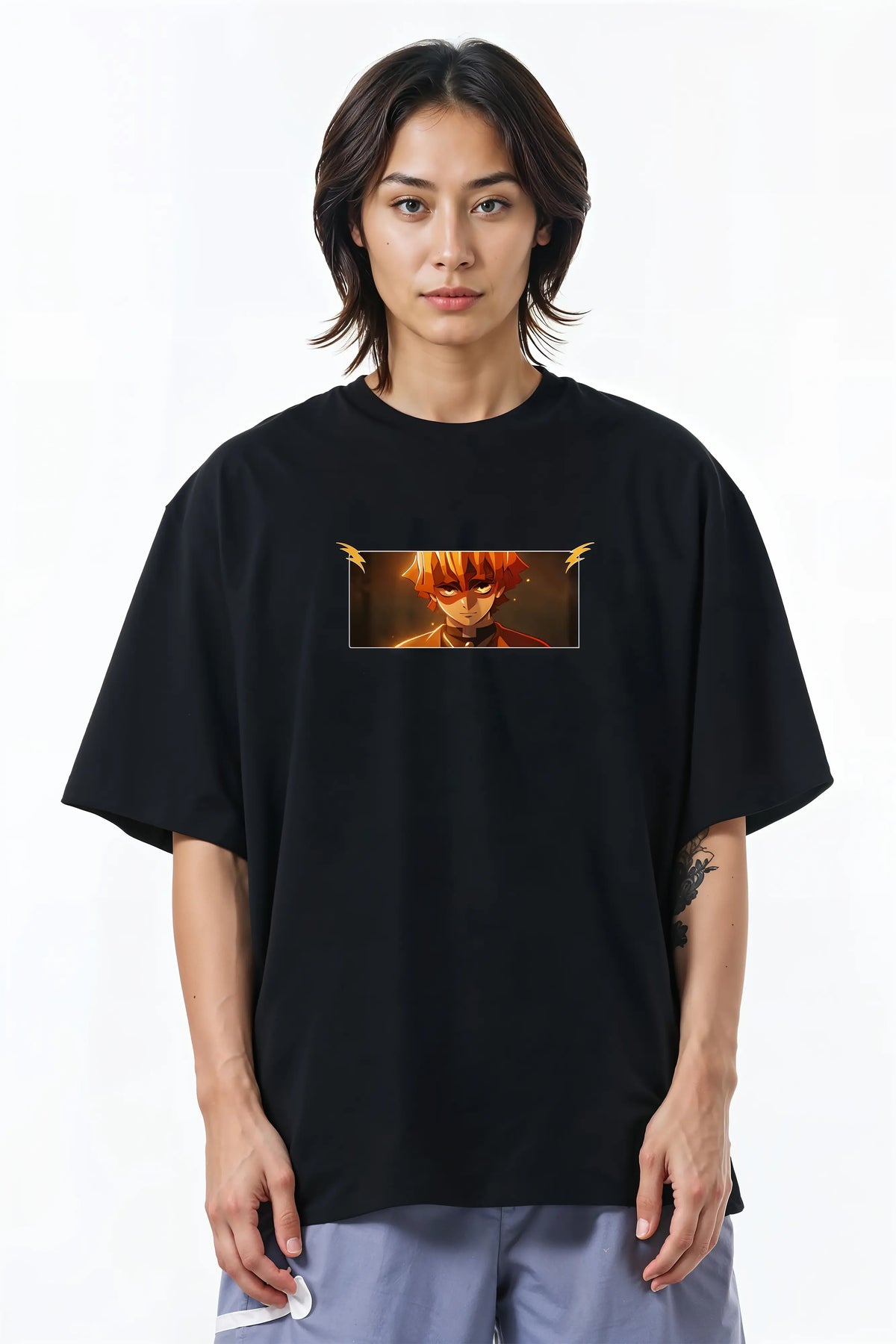 Demon Slayer Zenitsu Design Graphic Printed Oversized Drop Shoulder Sleeves  T shirt