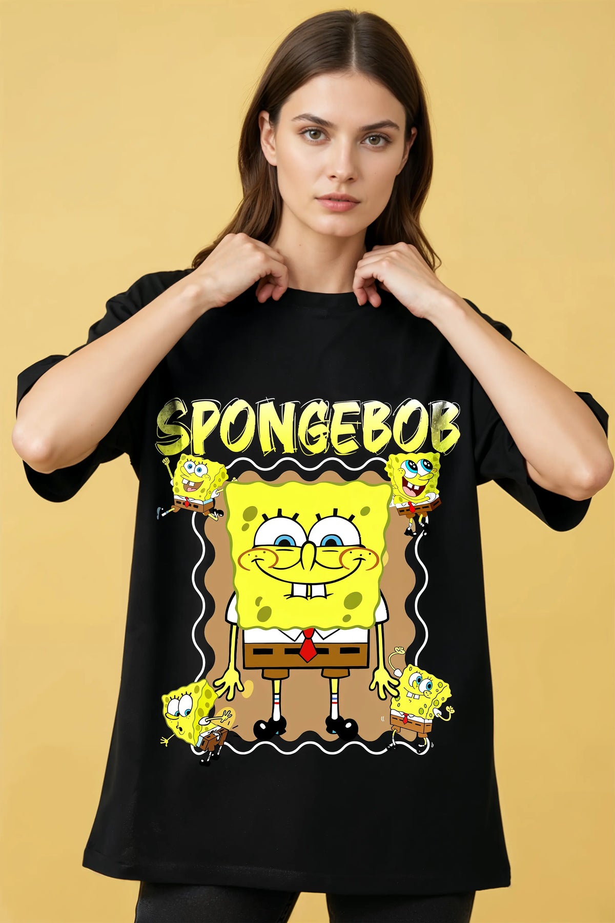 The Oversized SpongeBob Edition Graphic Printed Oversized Drop Shoulder Sleeves Pure Cotton Tshirt