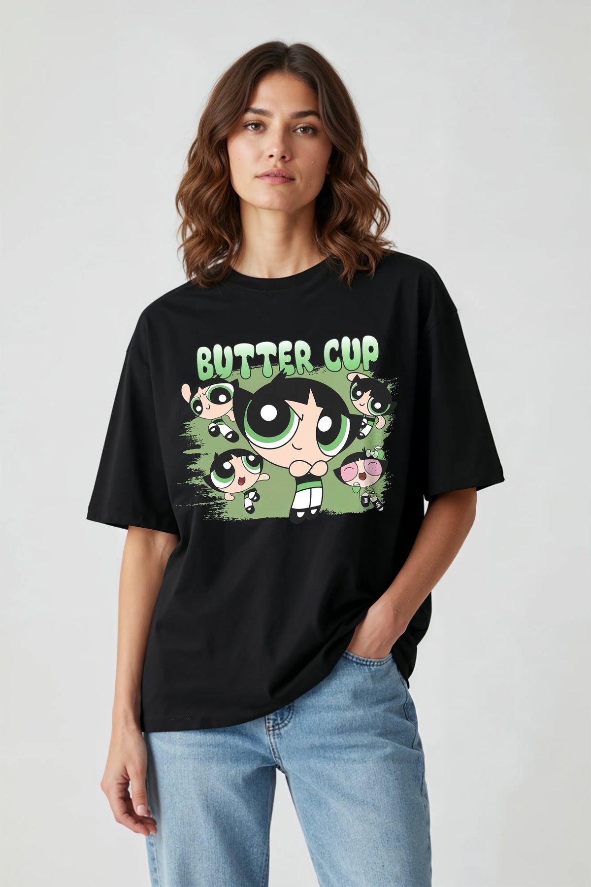 Power Puff Butter Cup Girl Design Black Oversized Tshirt