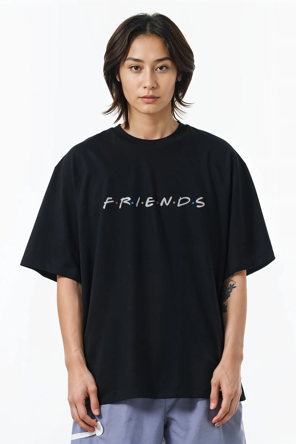 Friends Design Graphic Printed Oversized Drop Shoulder Sleeves T-shirt