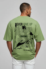 Bodic Men's Never Give Up Greetings Big Graphic Printed Oversized Drop Shoulder Sleeves T-shirt