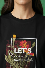 Lets Run Away Floral Design  Graphic Printed Oversized Drop Shoulder Sleeves Tshirt