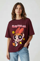 Power Puff Blossom Girl Design Burgundy Oversized Tshirt