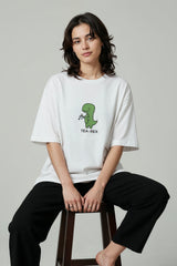 Bodic Creative Tea-Rex Design Graphic Printed Oversized Drop Shoulder Sleeves T shirt