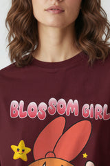 Power Puff Blossom Girl Design Burgundy Oversized Tshirt