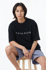 Friends Design Graphic Printed Oversized Drop Shoulder Sleeves T-shirt