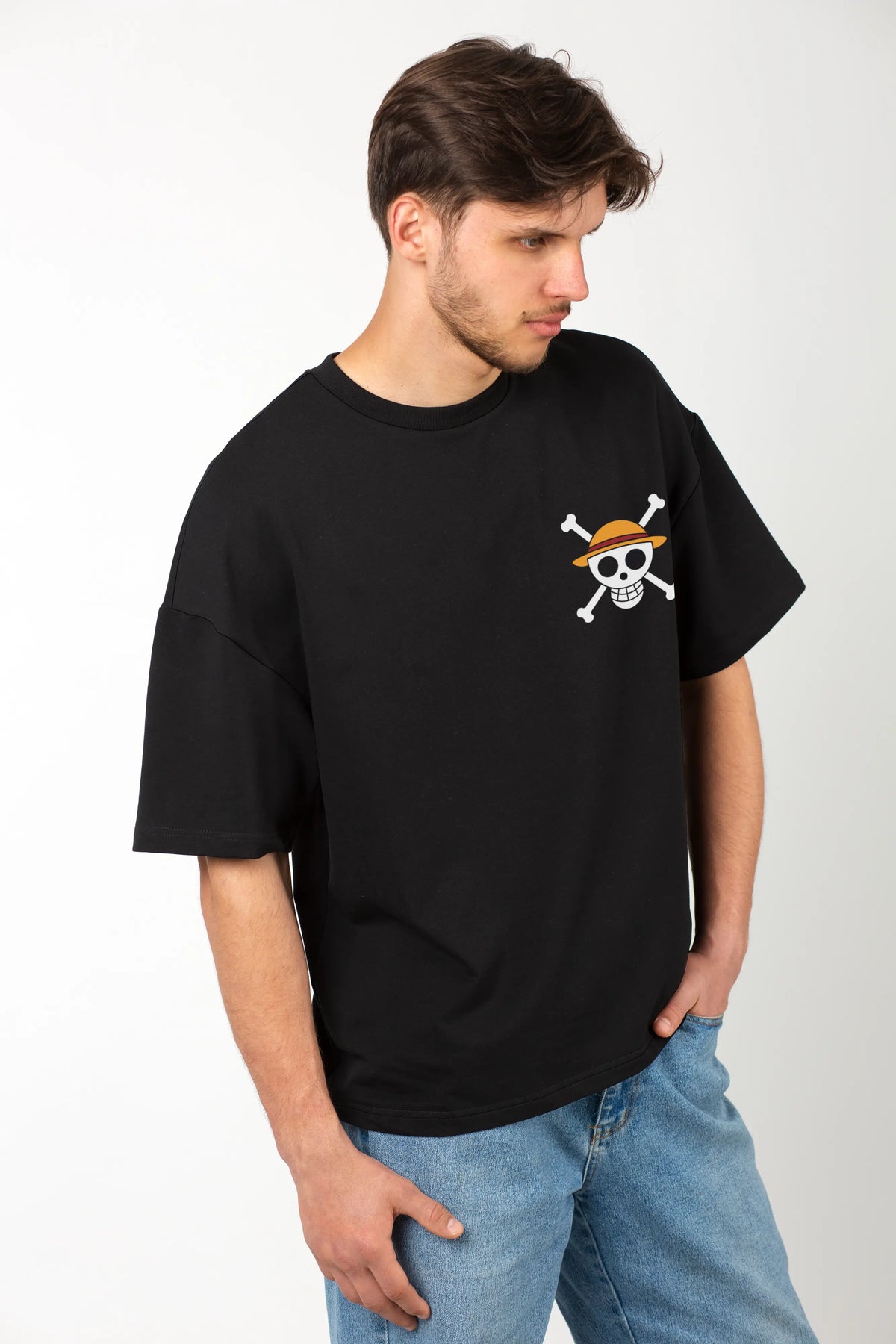 Chibi Art Luffy Design Graphic Printed Oversized Drop Shoulder Sleeves T shirt