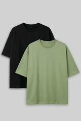 Bodic Solid Black& Pista Green Oversized Drop Shoulder Sleeves  T-shirt