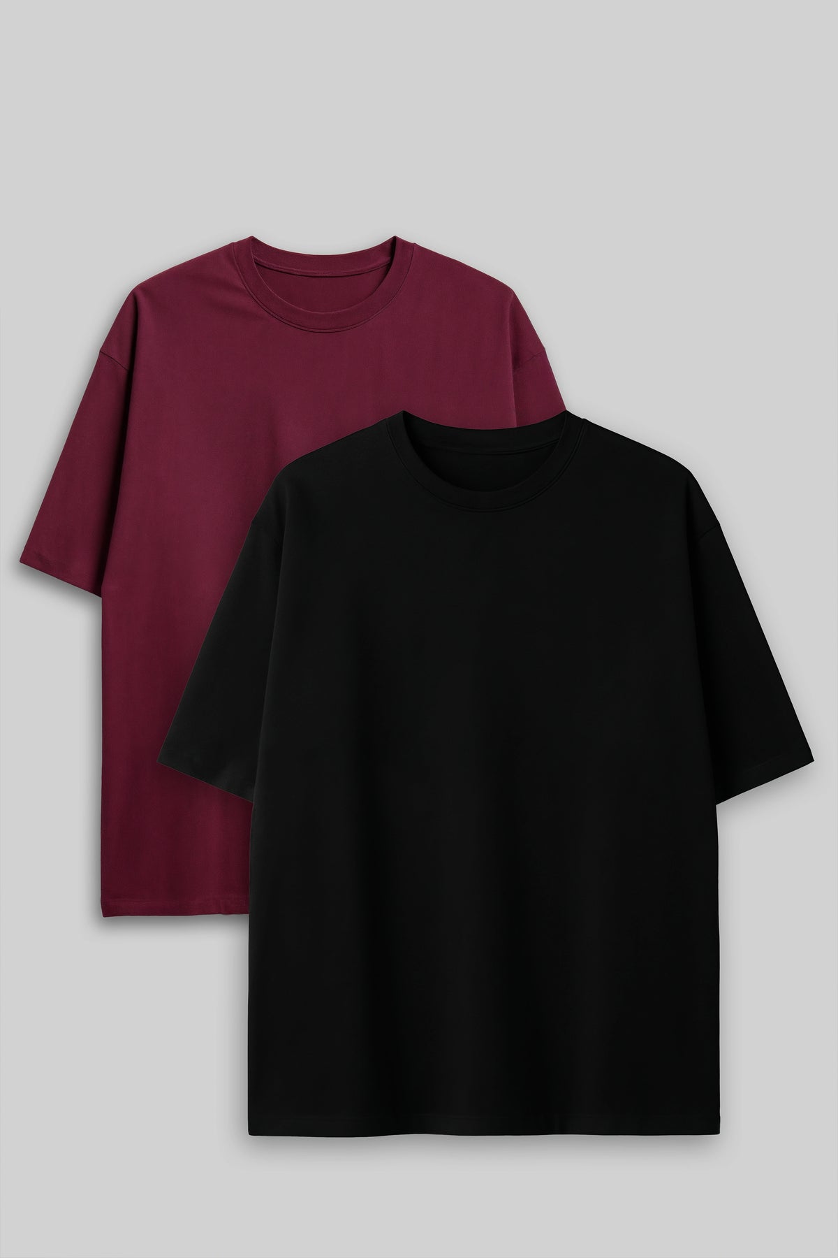 Bodic Solid Black& Burgundy	 Oversized Drop Shoulder Sleeves  T-shirt
