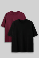 Bodic Solid Black& Burgundy	 Oversized Drop Shoulder Sleeves  T-shirt