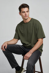 Bodic Solid Oliv Green & Burgundy Oversized Drop Shoulder Sleeves  T-shirt