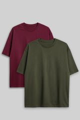 Bodic Solid Oliv Green & Burgundy Oversized Drop Shoulder Sleeves  T-shirt