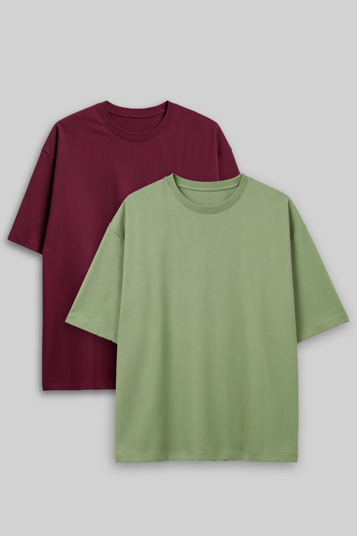 Bodic Solid Burgundy & Pista Green Oversized Drop Shoulder Sleeves  T-shirt