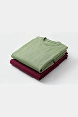 Bodic Solid Burgundy & Pista Green Oversized Drop Shoulder Sleeves  T-shirt