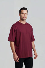 Bodic Solid Black& Burgundy	 Oversized Drop Shoulder Sleeves  T-shirt