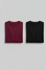 Bodic Solid Black& Burgundy	 Oversized Drop Shoulder Sleeves  T-shirt
