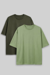 Bodic Solid Oliv Green & Pista Green Oversized Drop Shoulder Sleeves  T-shirt