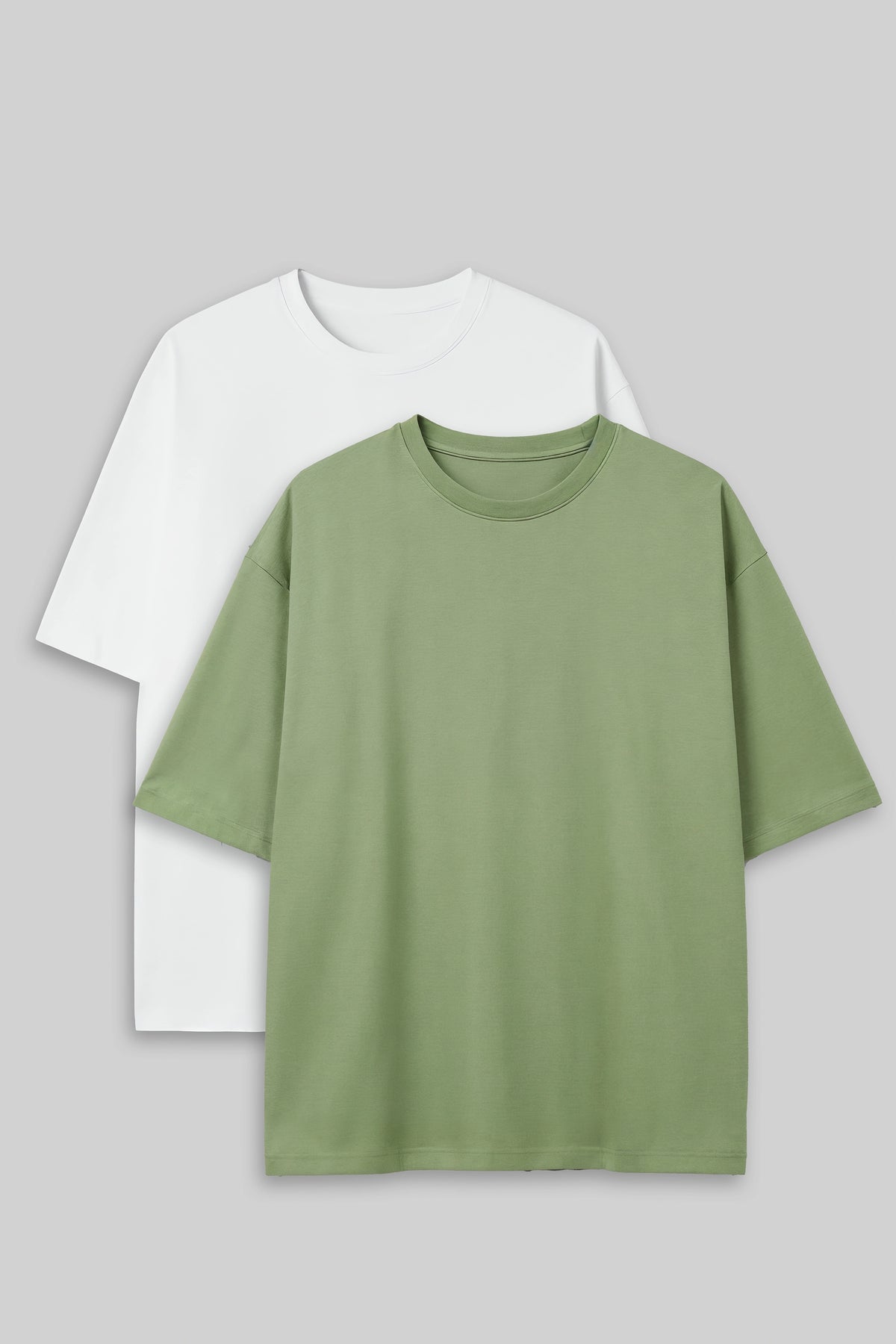 Bodic Solid White & Pista Green Oversized Drop Shoulder Sleeves  T-shirt